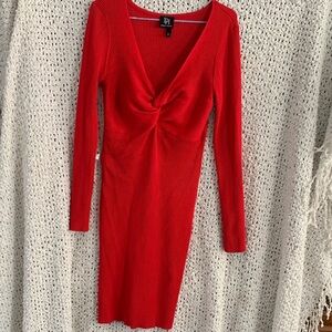 Derek Heart Red Long-Sleeve Twist Front Ribbed Dress